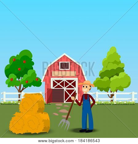 High quality original trendy vector illustration of farmer with hayfork near old Barn and green field with apple tree on background