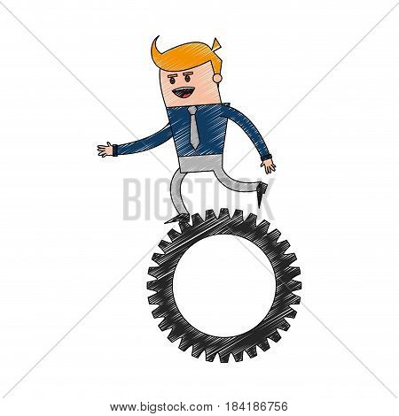 color pencil cartoon business man riding a gear vector illustration