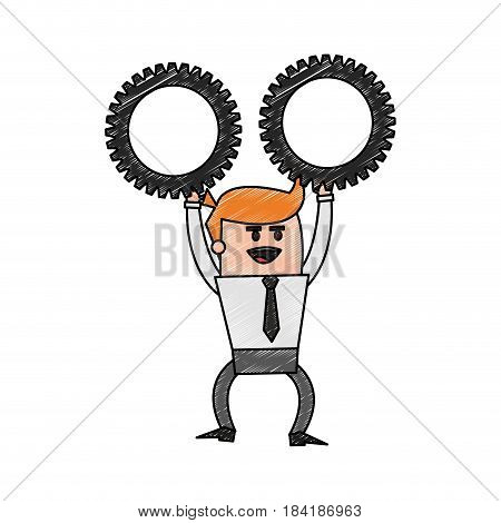 color pencil cartoon business man holding a gears vector illustration