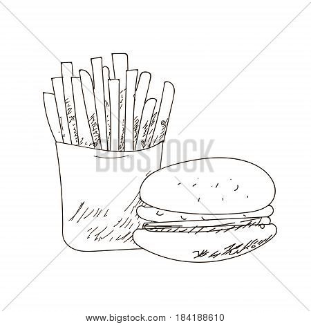 Set of fastfood hand-drawn VECTOR outline drawings on white background. Fries sandwich burger.