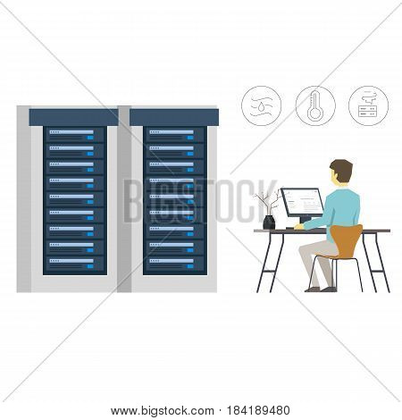 Vector Flat Illustration of Data Center Engineer Is Controlling Server Infrastructure
