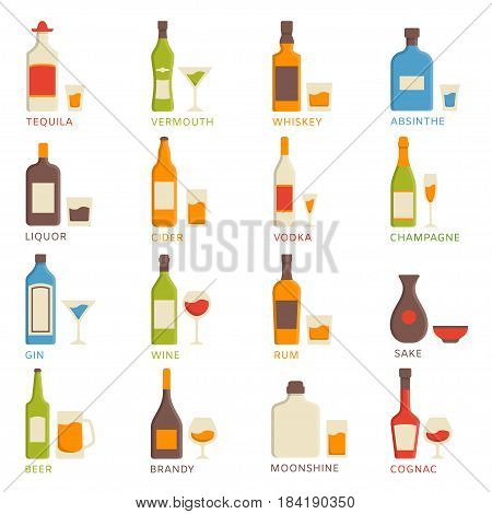 Set of vector alcohol icons in a flat design style