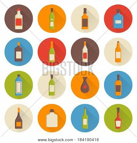 Set of vector alcohol icons in a flat design style with a longshadow effect