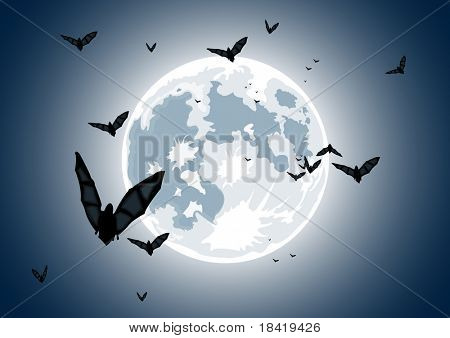 Illustrazione vettoriale di luna realistico con i pipistrelli nel cielo blu notte