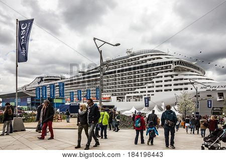 Hamburg, Germany - April 2, 2017: Cruise liner Splendida of Mediterranean Shipping Company berthed on cruise terminal of Hamburg