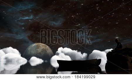 Landscape under the Milky way. Elements of this image furnished by NASA. 3D Illustration