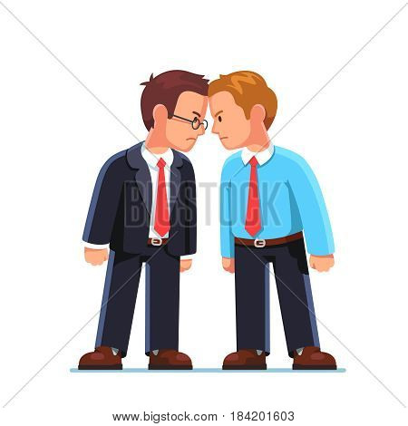 Business men standing head to head arguing and staring at each other. Work conflict between office workers. Fight for leadership. Flat style modern vector illustration isolated on white background.