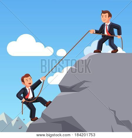 Business man on top of mountain helping colleague or friend climbing up with rope. Leadership, teamwork and partnership. Achieving goals, career development concept. Flat style vector illustration.