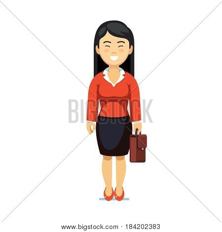 Asian black haired business woman standing with suitcase in hands. Full-length portrait of young office worker. Flat style modern vector illustration isolated on white background.