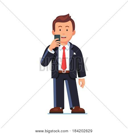 Happy business man standing with mobile phone in the hand and making video call or taking photo. Smiling excited worker looking at smartphone sending message. Flat style vector isolated illustration.