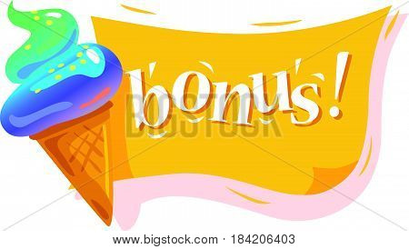 Vector flat cartoon banner with colorful paper sheet and tasty shiny ice cream cone isolated on white background. Note reminder sticker, web banner element design. Summer advertisement poster, placard