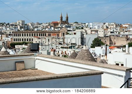 View of the new town of Alberobello seen from a roof Puglia Italy
