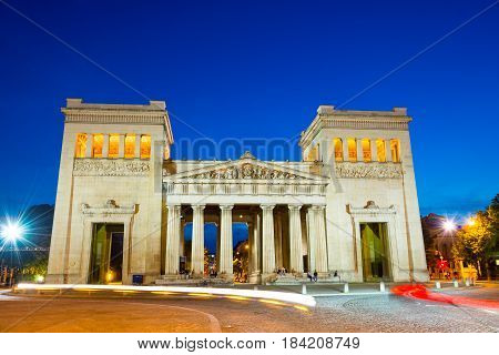 Munich, Germany - June 7, 2016: Monumental arch at evening on Koenigsplatz in German city Munich