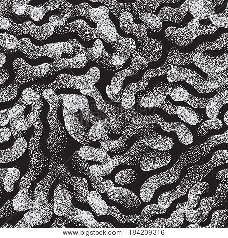 Vector Abstract Stippled Weird Hipster Seamless Pattern. Handmade Tileable Geometric Dotted Grunge White and Black Solid Simple Background. Bizarre Art Illustration