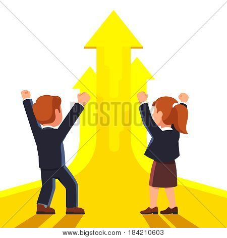 Businessman and woman executives celebrating startup success. Making winner and yes gestures raising hands with clenched fists up. Skyrocket business growth. Flat style vector illustration.