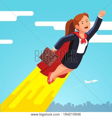 Superhero business woman and leader in red cape flying in the sky like a rocket showing yes winner gestures with clenched fists. Flat style modern vector illustration isolated on white background.