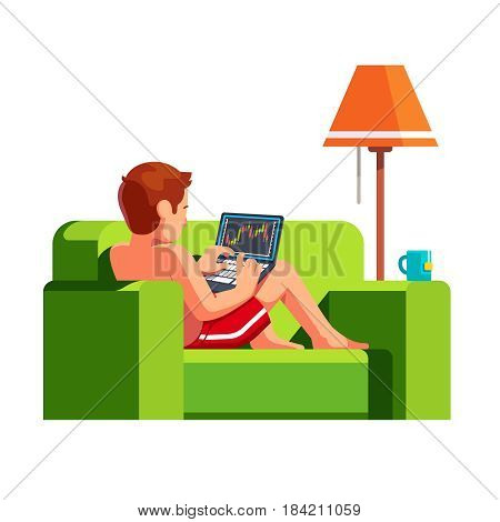 Stock exchange market trader selling and buying shares, equity using laptop computer terminal at home lying on the sofa and drinking tea. Flat style vector illustration isolated on white background.