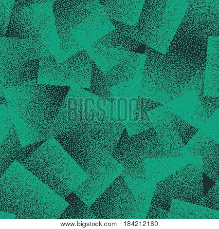 Vector Abstract Stippled Weird Hipster Seamless Pattern. Handmade Tileable Geometric Dotted Grunge Dark Green Solid Simple Background. Bizarre Art Illustration