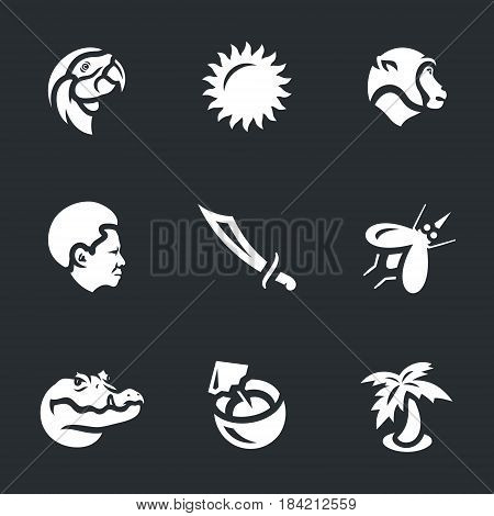 Parrot, sun, monkey, man, machete, mosquito, crocodile, coconut, palm tree.
