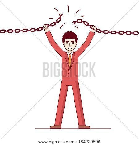 Confident businessman breaking the chain. Business concept of credit slavery. Metaphor of overcoming difficulties. Modern flat style thin line vector illustration isolated on white background.