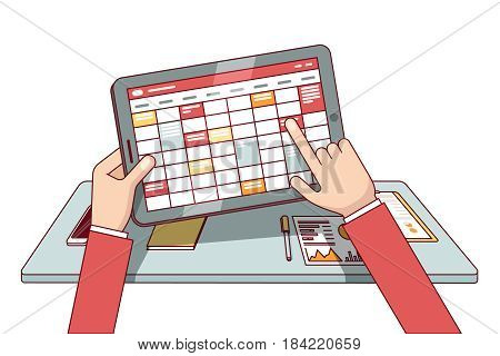 Businessman working on tablet computer. Planning tasks ahead being sitting behind office desk with documents. Modern flat style thin line vector illustration isolated on white background.