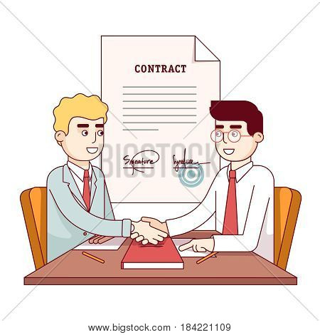 Business partners firmly shaking hands after signing the contract. Metaphor of businessmen partnership beginning. Modern flat style thin line vector illustration isolated on white background.