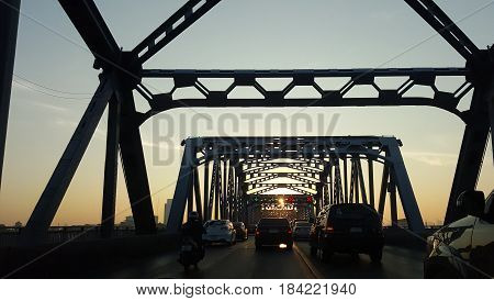 iron bridge is name Krung Thon Bridge Pier (Sang Hee) of thailand in sunrise