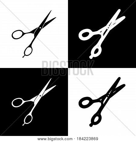Hair cutting scissors sign. Vector. Black and white icons and line icon on chess board.