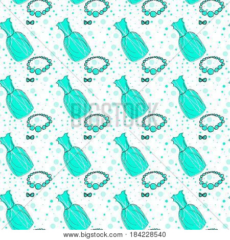 seamless pattern include Women's outfit, background with polka dot design, green dress on white background, hand drawn pattern