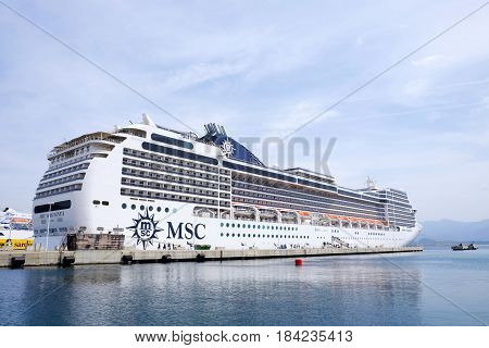 AJACCIO FRANCE APRIL 25 2017: Large Cruise in the port of Ajaccio Corsica Island.