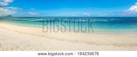 Sandy tropical Wolmar beach at sunny day. Panorama. Mauritius