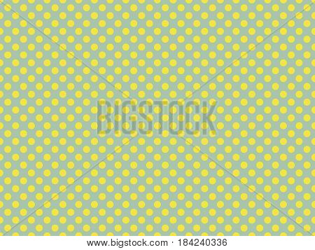 Polka dot seamless pattern. Yellow circles on a green background. Vector illustration. Background for web banners Wallpapers print on fabric textile wrappers gifts clothing. Vintage retro style