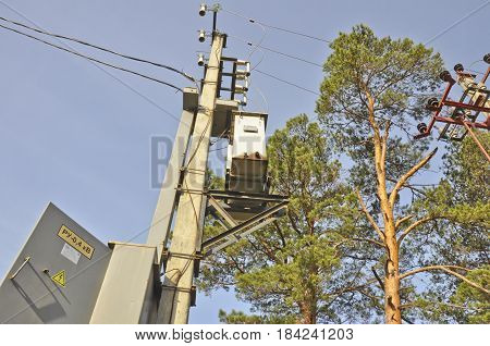 High voltage power of electric transformer substation.