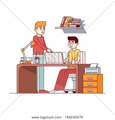 Two young man working on university homework project together in dorm room or office. Teen boy student sitting at desk with laptop computer. Flat style vector illustration isolated on white background