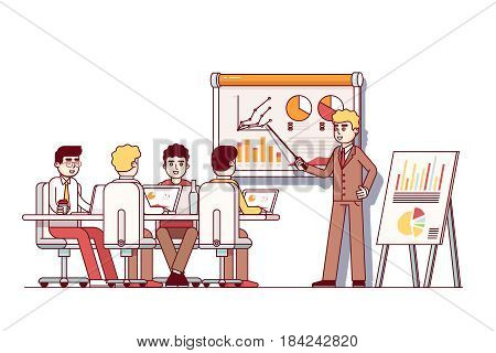 Business school students sitting at conference room desk with laptops and listening to management teacher. University lecture, seminar or presentation. Flat style vector isolated illustration.