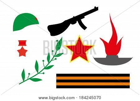 Set of design elements and icons to the Victory Day of the Soviet Army helmet automatic eternal flame George (guards) ribbon Laurel wreath star the order of hero of the Soviet Union. Flat style.