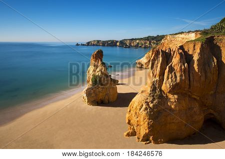 View of the Vau Beach (Praia do Vau) in Portimao Algarve Portugal; Concept for travel in Portugal and Algarve