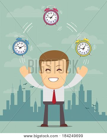 Businessman juggling with alarm clocks, symbolizing time management. Stock vector illustration for poster, greeting card, website, ad, business presentation, advertisement design.