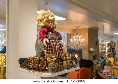 Leknes Norway - March 19 2017: Traditional norwegian souvenirs on the showcase of tourist shop in Leknes town