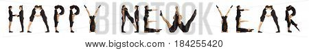 Black dressed people forming word HAPPY NEW YEAR on white background