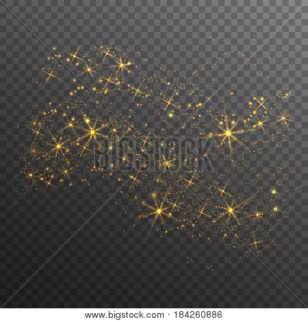 Gold glitter sparkles wave isolated on transparent background. Vector golden dust texture. Twinkling confetti shimmering star lights.