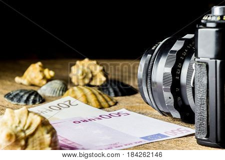 Old fotocamera with sea shells on the brown wooden background