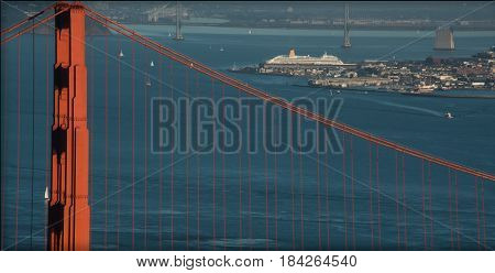 Golden Gate Bridge with Bay Bridge in Background with Cruise Ship in port