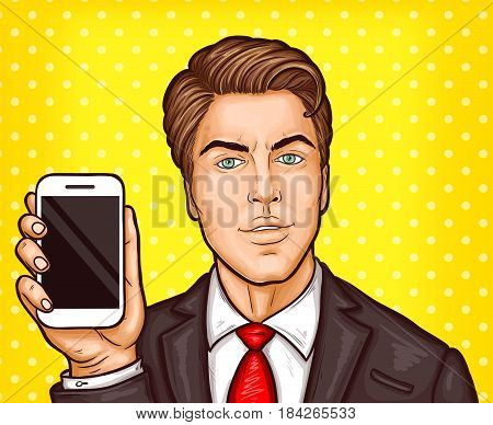 Vector pop art illustration of a businessman showing his a smartphone. A great advertising poster for a new mobile phone model