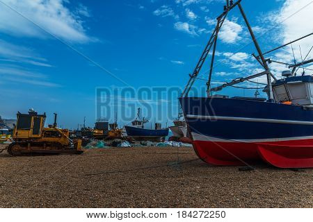Fishing Boats On The Shore, Pebble Beach, Wooden Boats, Fishing And Tourist Industry