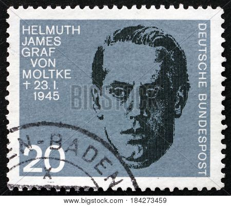 GERMANY - CIRCA 1964: a stamp printed in Germany shows Count James von Moltke 20th Anniversary of Assassination Attempt on Adolf Hitler circa 1964