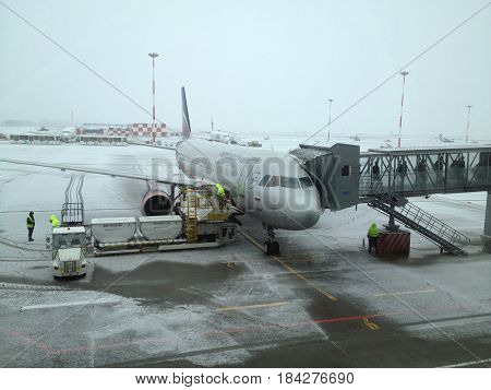Tatarstan, Kazan. 20 April 2017: the Unexpected frost and snowstorm in the Kazan airport, Tatarstan, Russia.