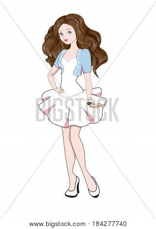 The beautiful fashionable girl the brunette in a bolero and a short dress with a bracelet