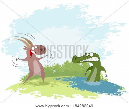 Vector illustration of a goat teases the crocodile