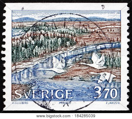 SWEDEN - CIRCA 1990: a stamp printed in Sweden shows Three Whooper Swans over Wetlands Muddus Park circa 1990